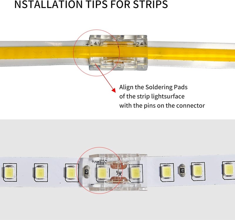HEYAN 2 Pin 8mm LED Strip to Strip Connectors 20 Pcs Solderless Transparent LED Strip Connector Unwired Gapless Tape Light Connector No Dark Area for COB/SMD Single Color LED Strips - Image 5